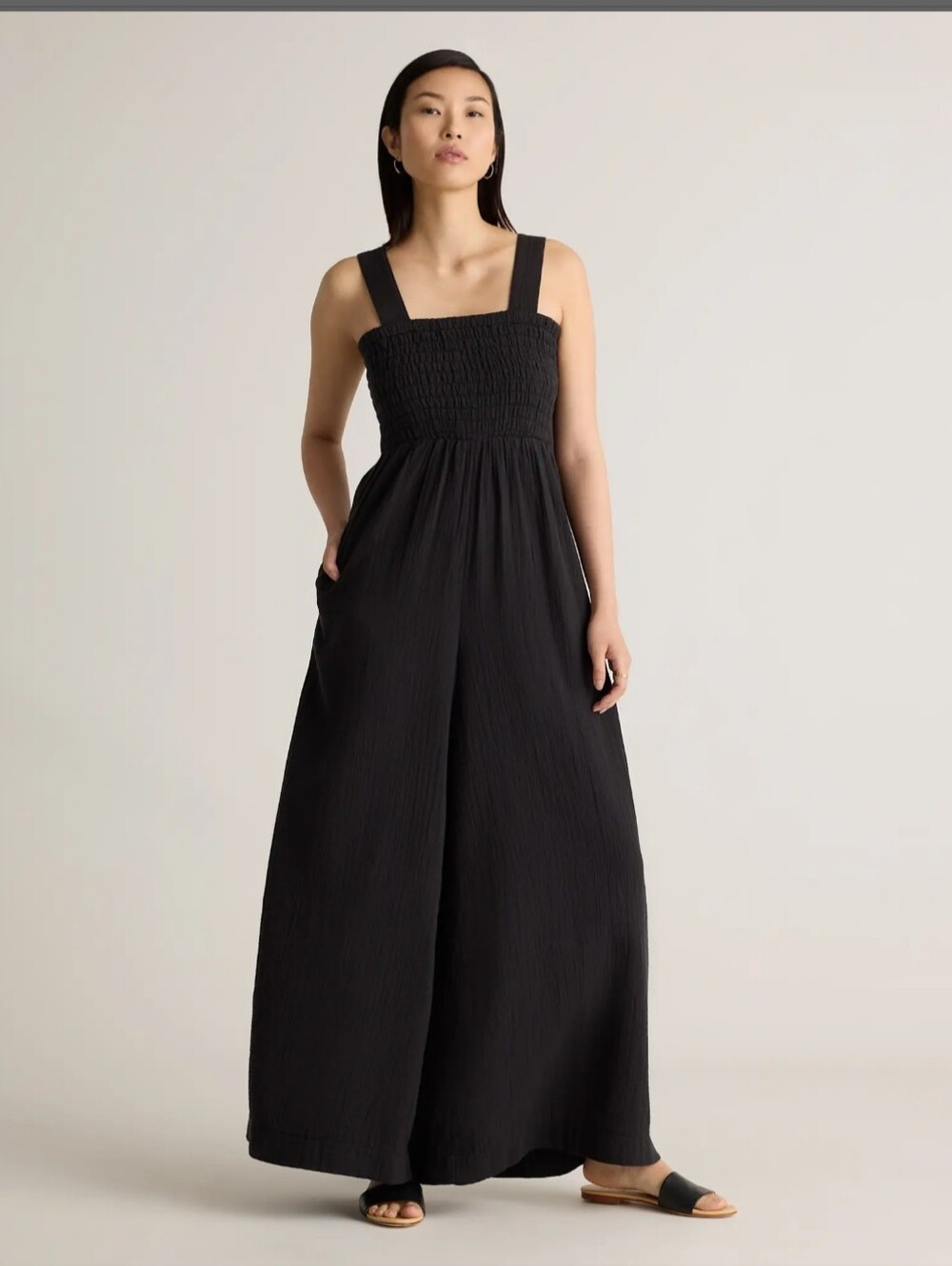 Quince Black Wide-Leg Smocked Jumpsuit